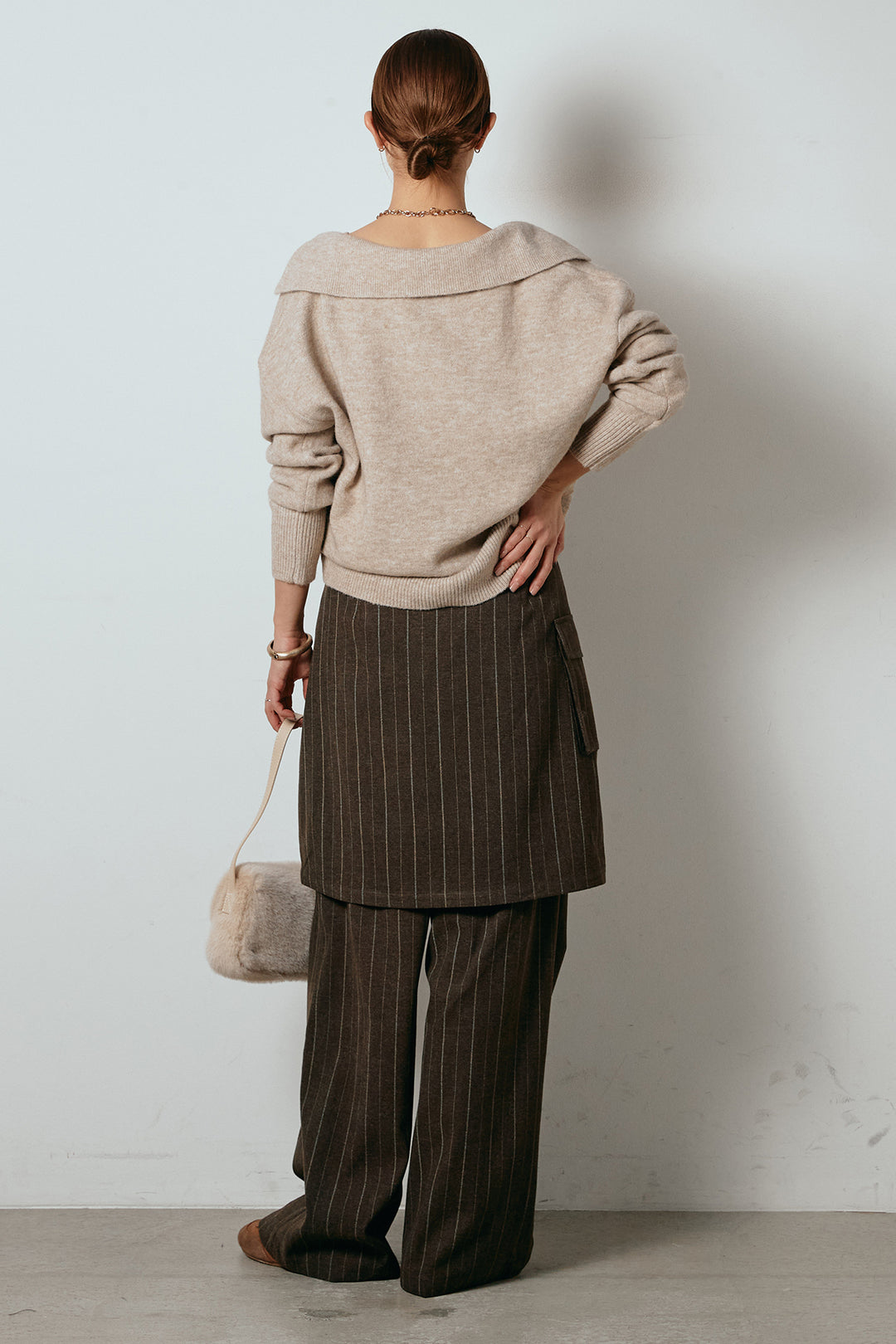 [SET]襟付きレイヤードニットトップス+細ストライプレイヤードデザインパンツ(2set)