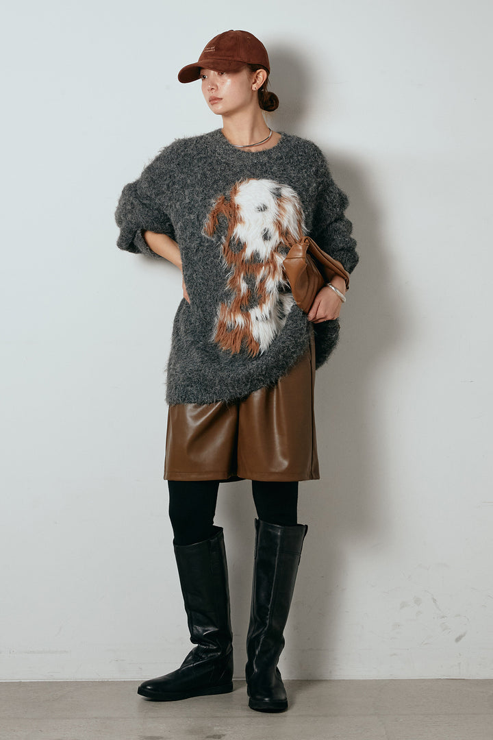 [SET]シャギーニュアンスアニマルニット+ストレッチエコレザーバミューダパンツ(2set)