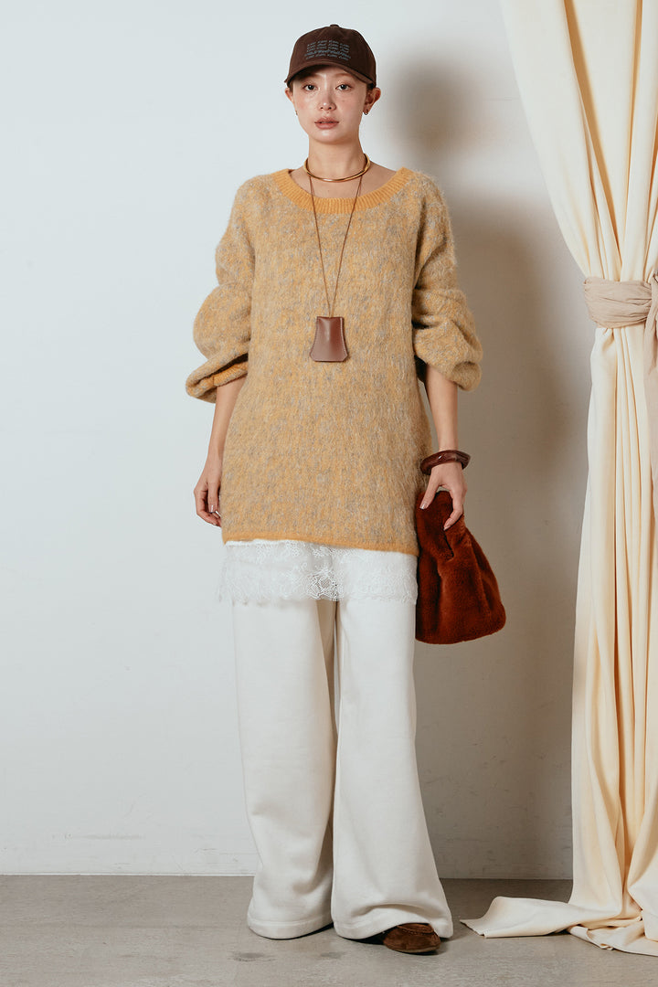 [SET]ボリュームスリーブミックスニットトップス+レース切り替えキャミソール(2set)