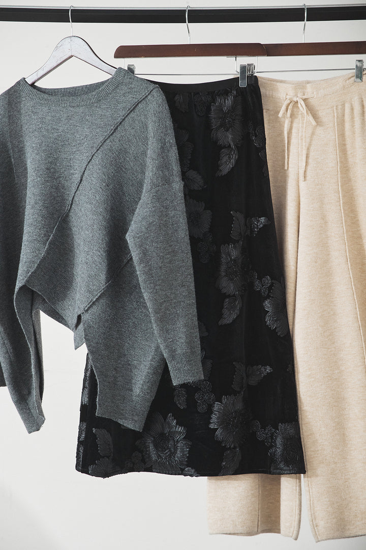 【着回しセット】[SET]アシンメトリーデザインニットトップス+センターラインニットパンツ+フラワー刺繍ワイドスカート(3set)