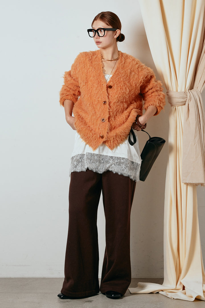 [SET]ルーズシャギーニットカーディガン+レース切り替えキャミソール(2set)