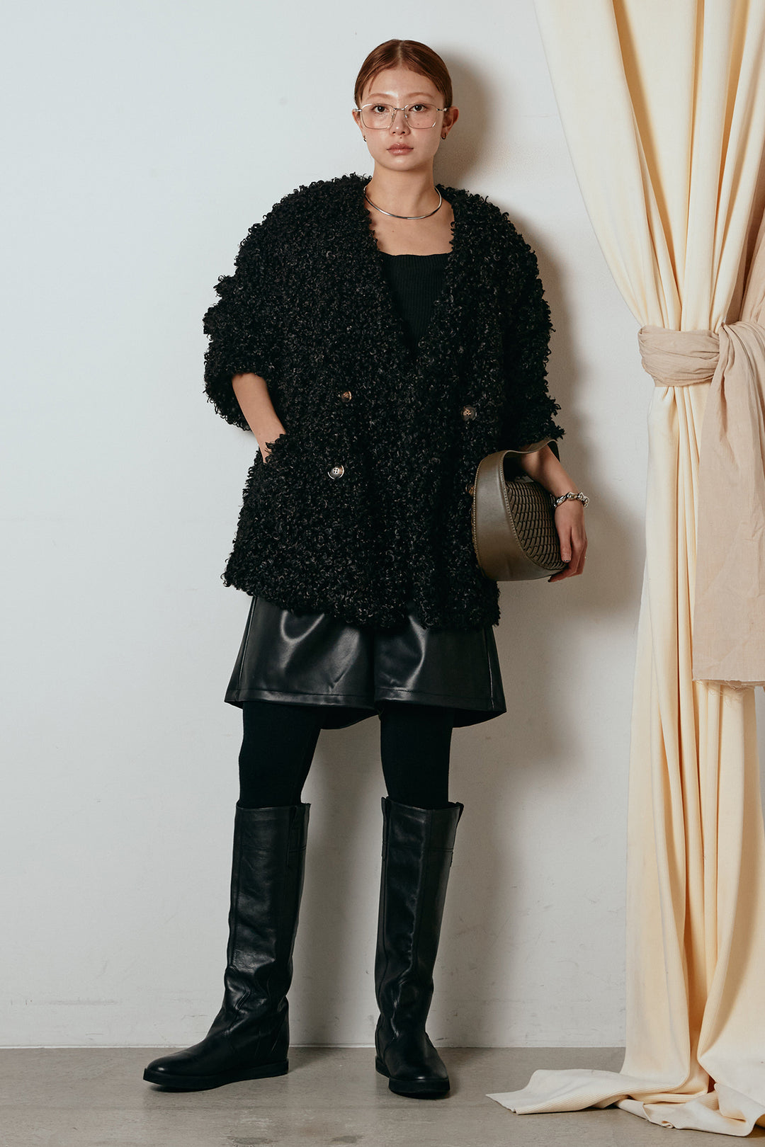 [SET]シープライクファージャケット+ストレッチエコレザーバミューダパンツ(2set)