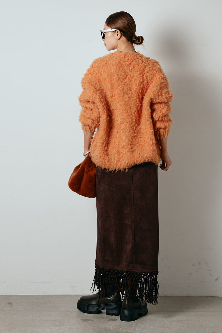 [SET]ルーズシャギーニットカーディガン+スウェードライク裾フリンジスカート(2set)