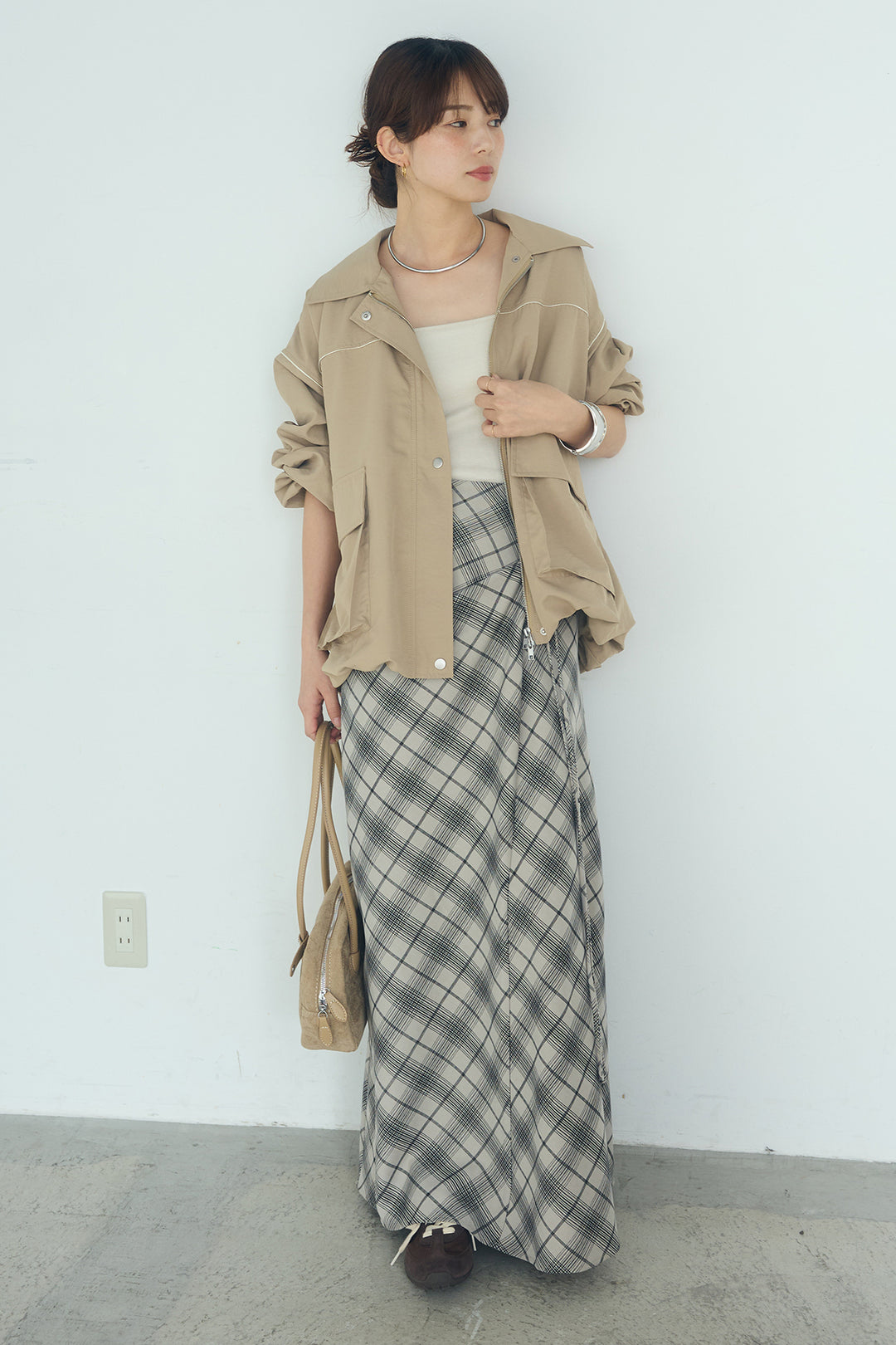 [SET]合繊ツイルバルーンジャケット+タータンチェック柄フロントデザインスカート(2set)
