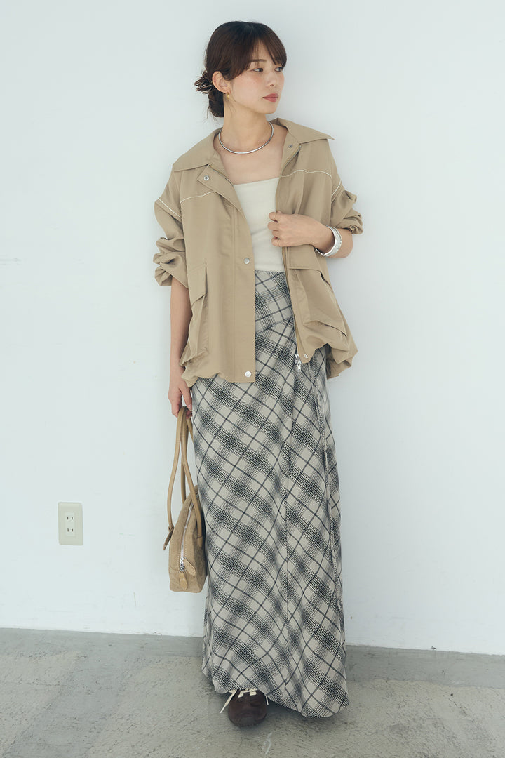 [SET]合繊ツイルバルーンジャケット+タータンチェック柄フロントデザインスカート(2set)