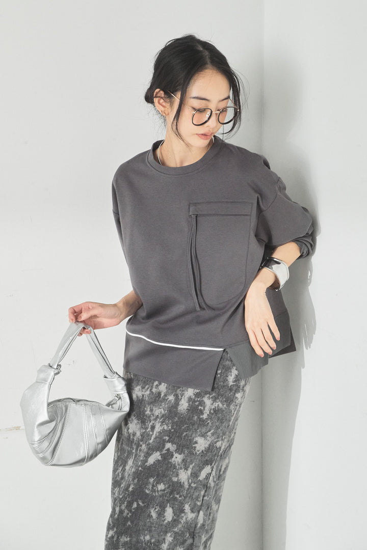 裾アシンメトリーポケットデザインプルオーバー/グレー