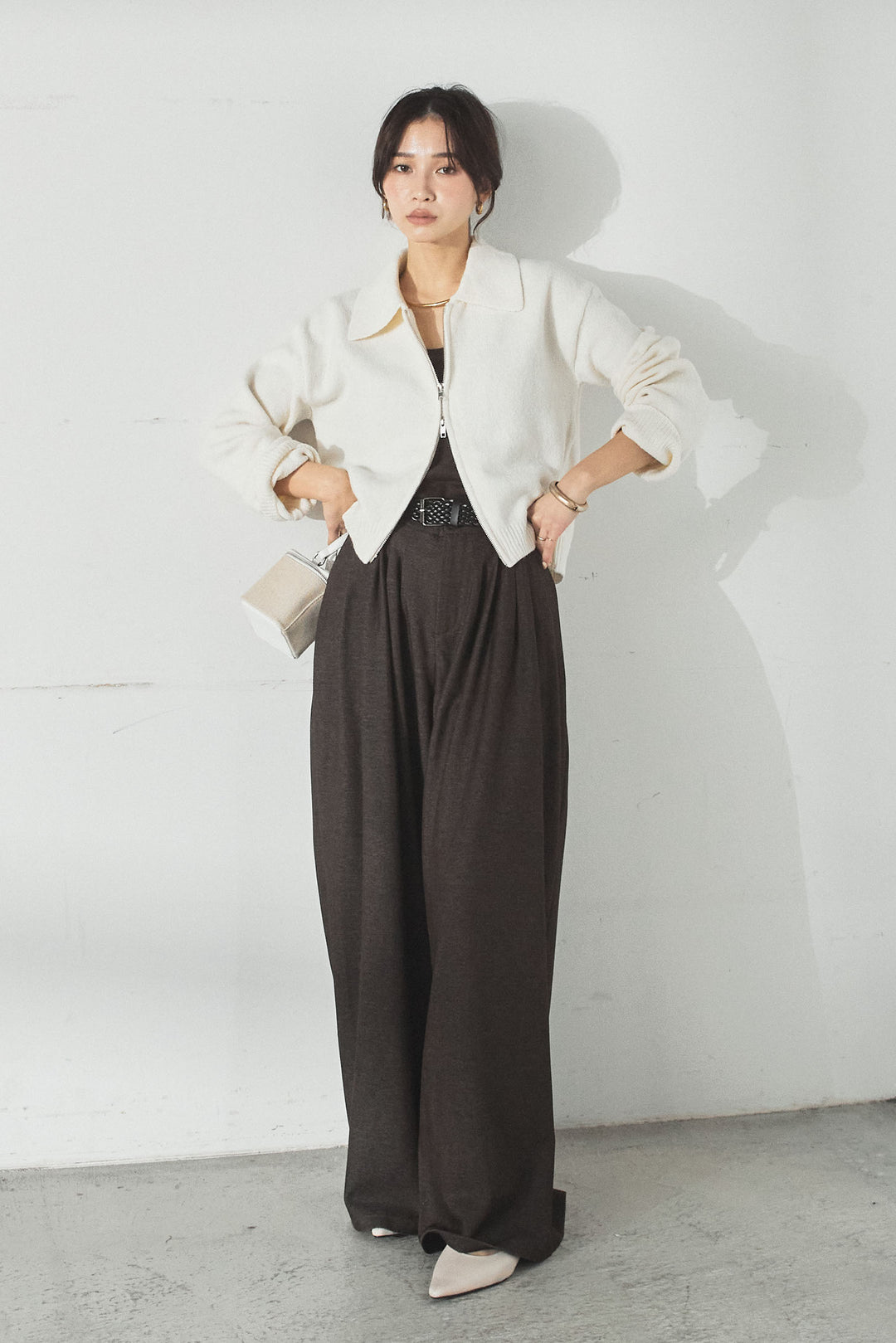 衿付きWジップニットカーディガン/アイボリー