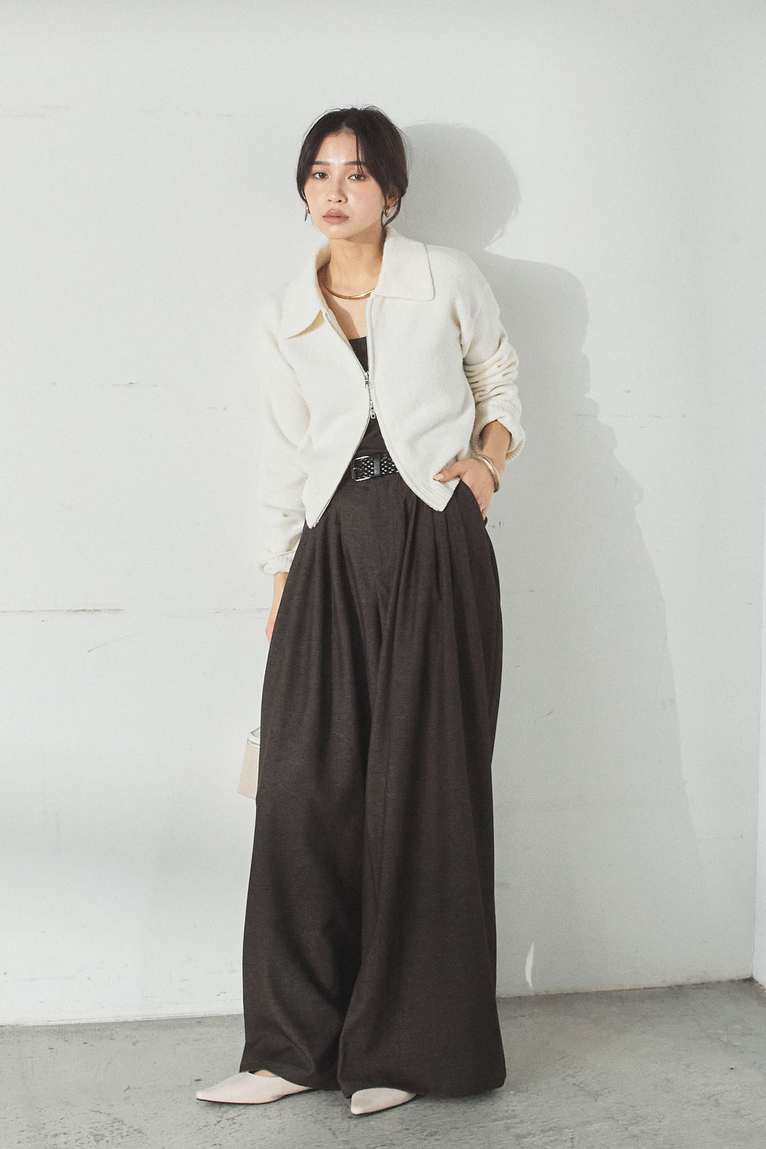 衿付きWジップニットカーディガン/アイボリー