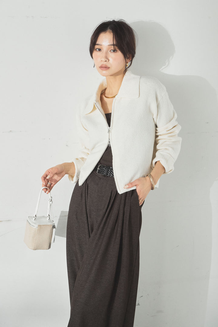 衿付きWジップニットカーディガン/アイボリー