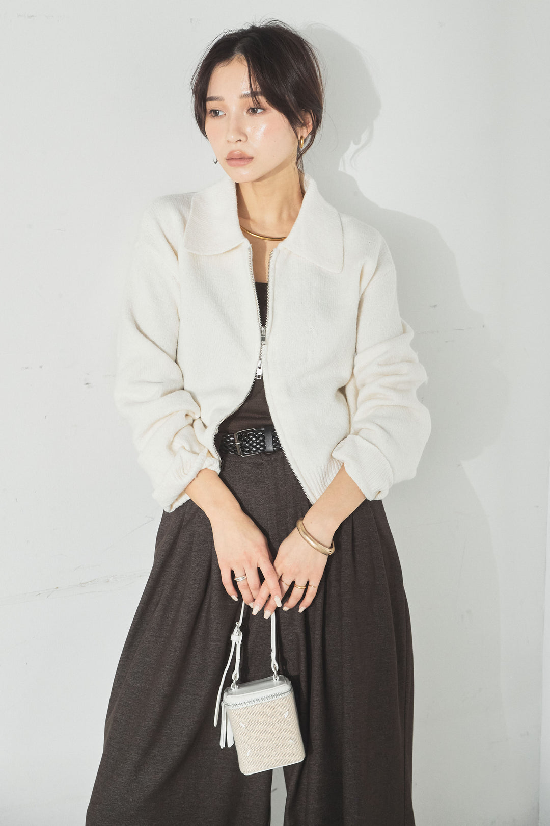 衿付きWジップニットカーディガン/アイボリー