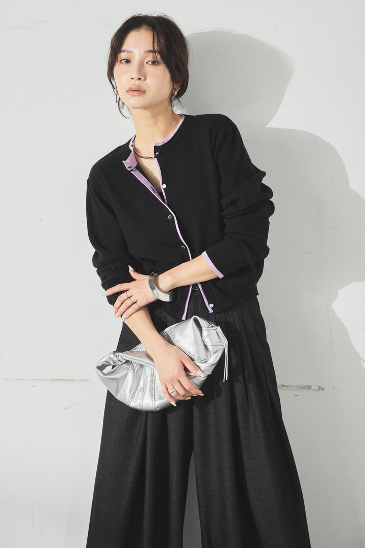 レイヤード風配色ニットカーディガン/ブラック