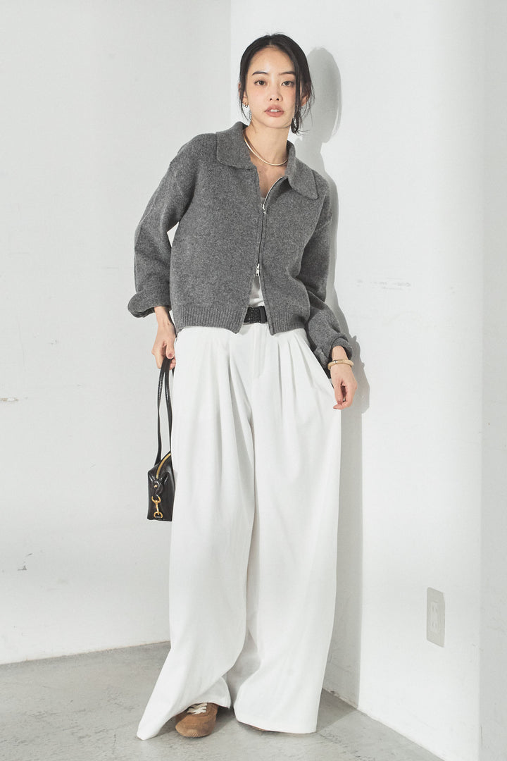 衿付きWジップニットカーディガン/グレー
