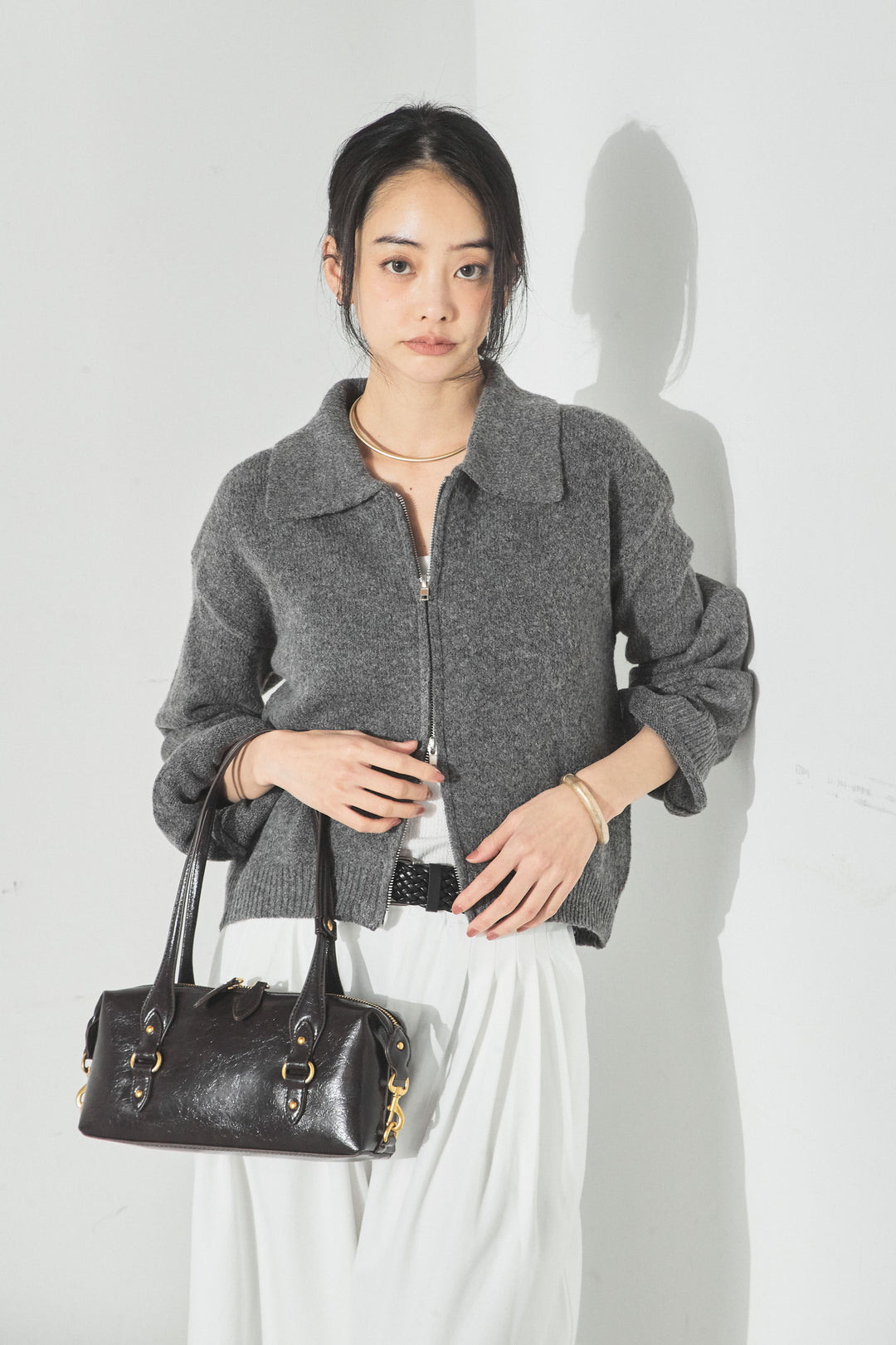 衿付きWジップニットカーディガン/グレー