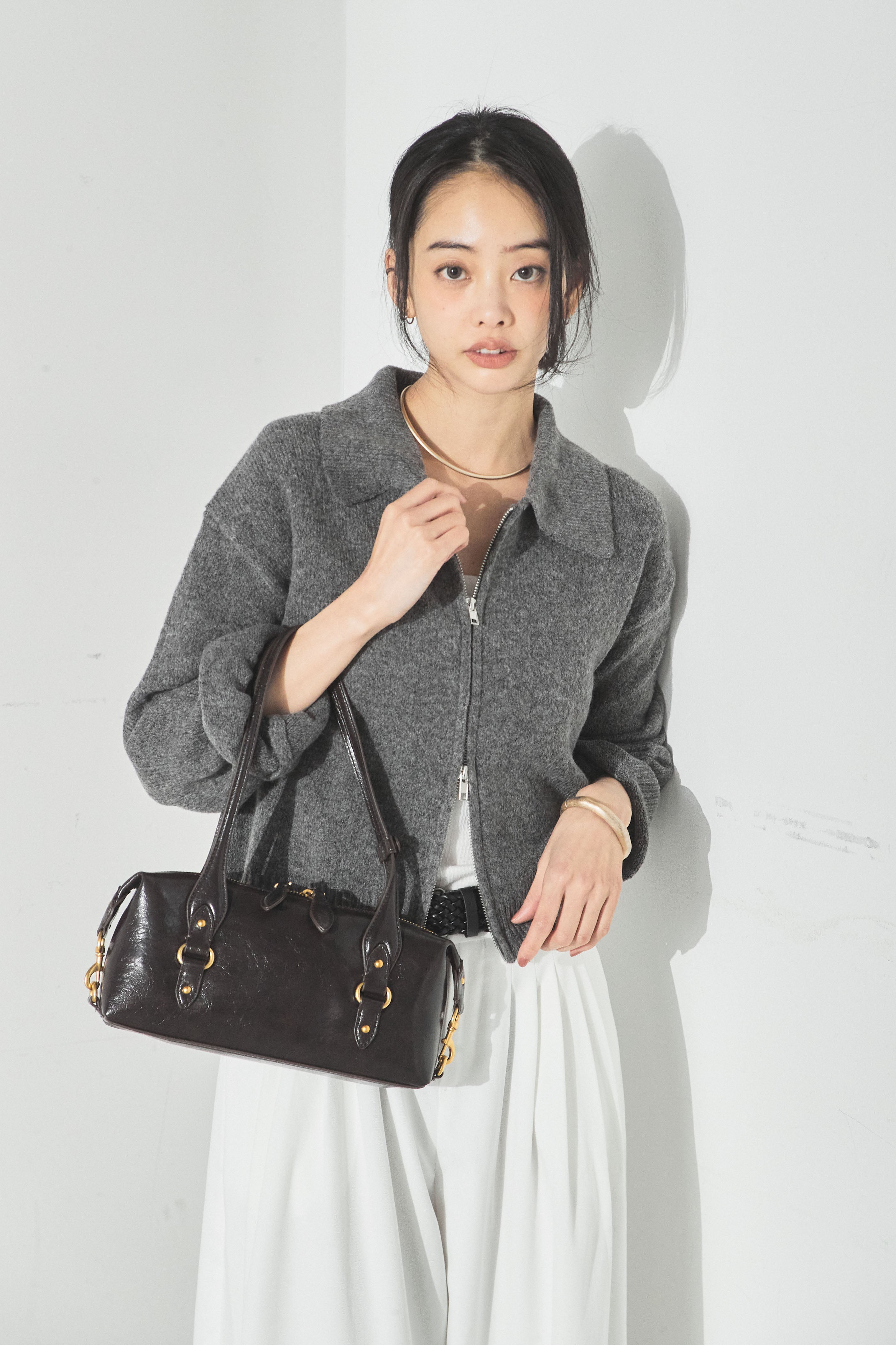 衿付きWジップニットカーディガン/グレー – ESICA