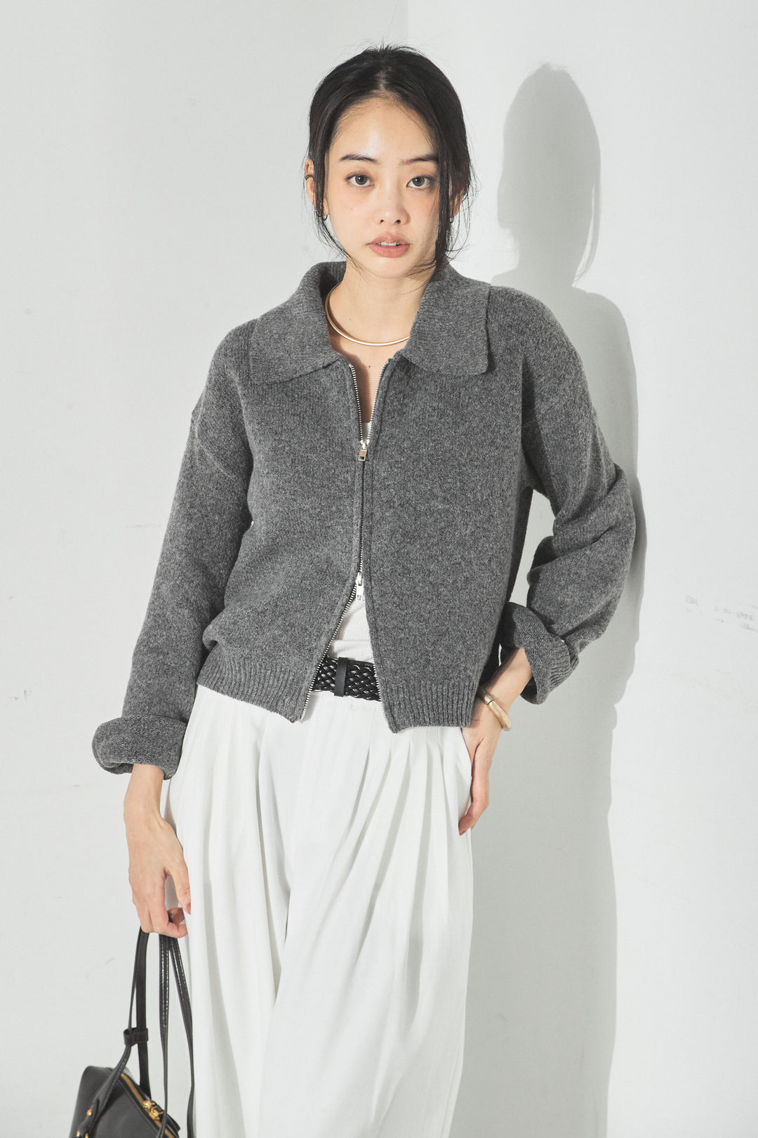衿付きWジップニットカーディガン/グレー