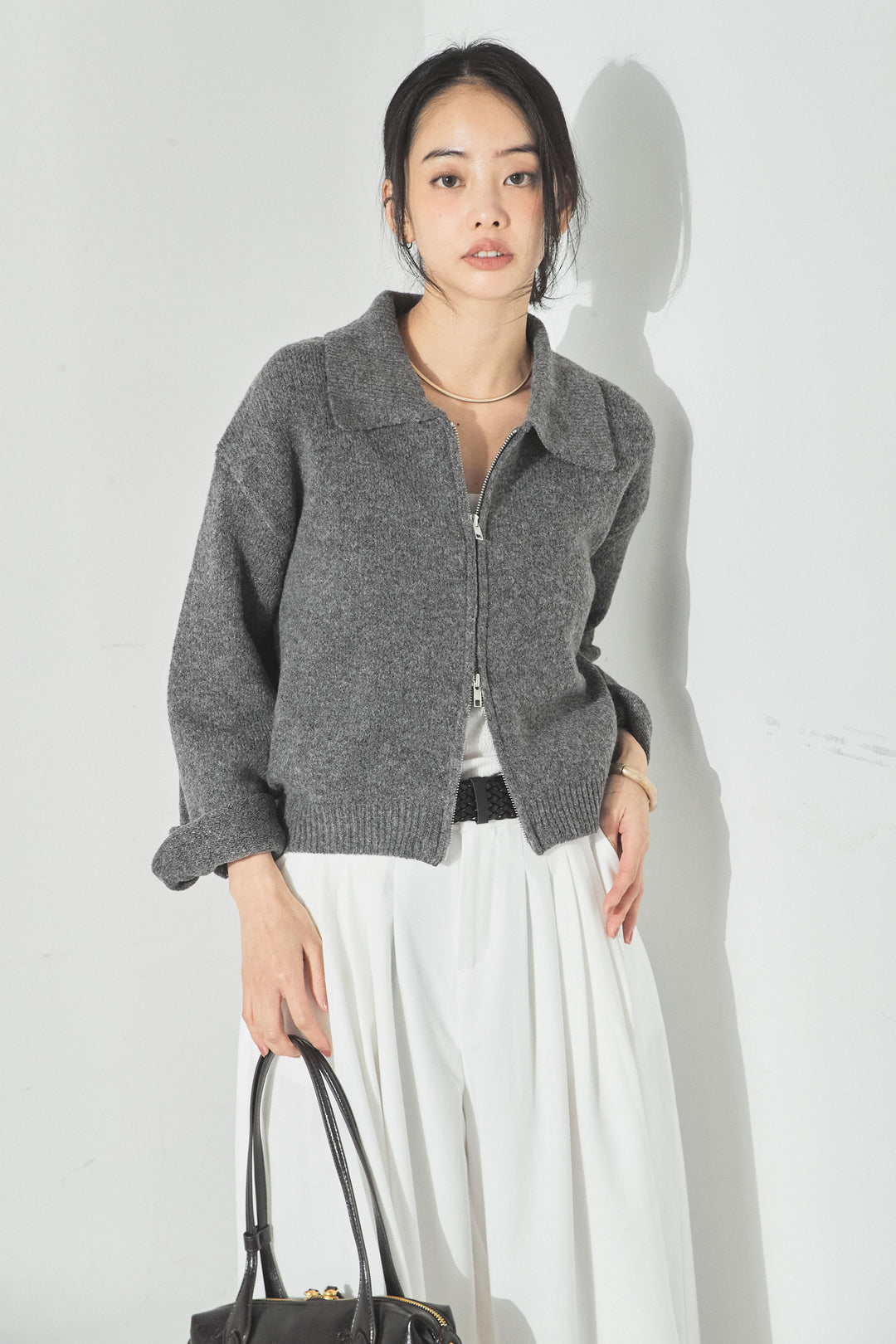 衿付きWジップニットカーディガン/グレー