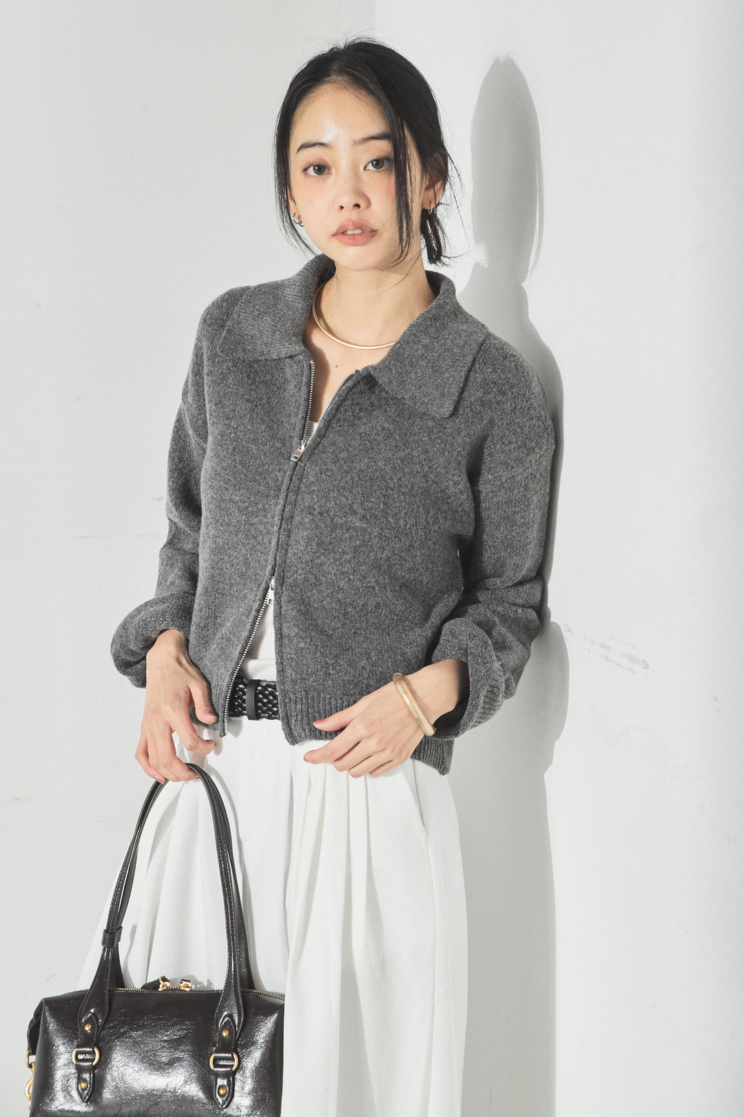 衿付きWジップニットカーディガン/グレー