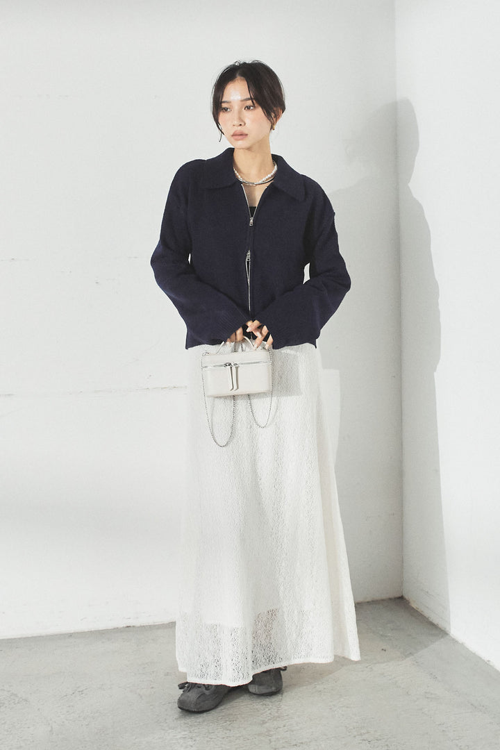 衿付きWジップニットカーディガン/ネイビー