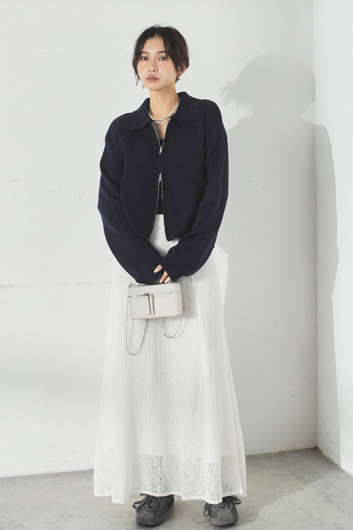 衿付きWジップニットカーディガン/ネイビー