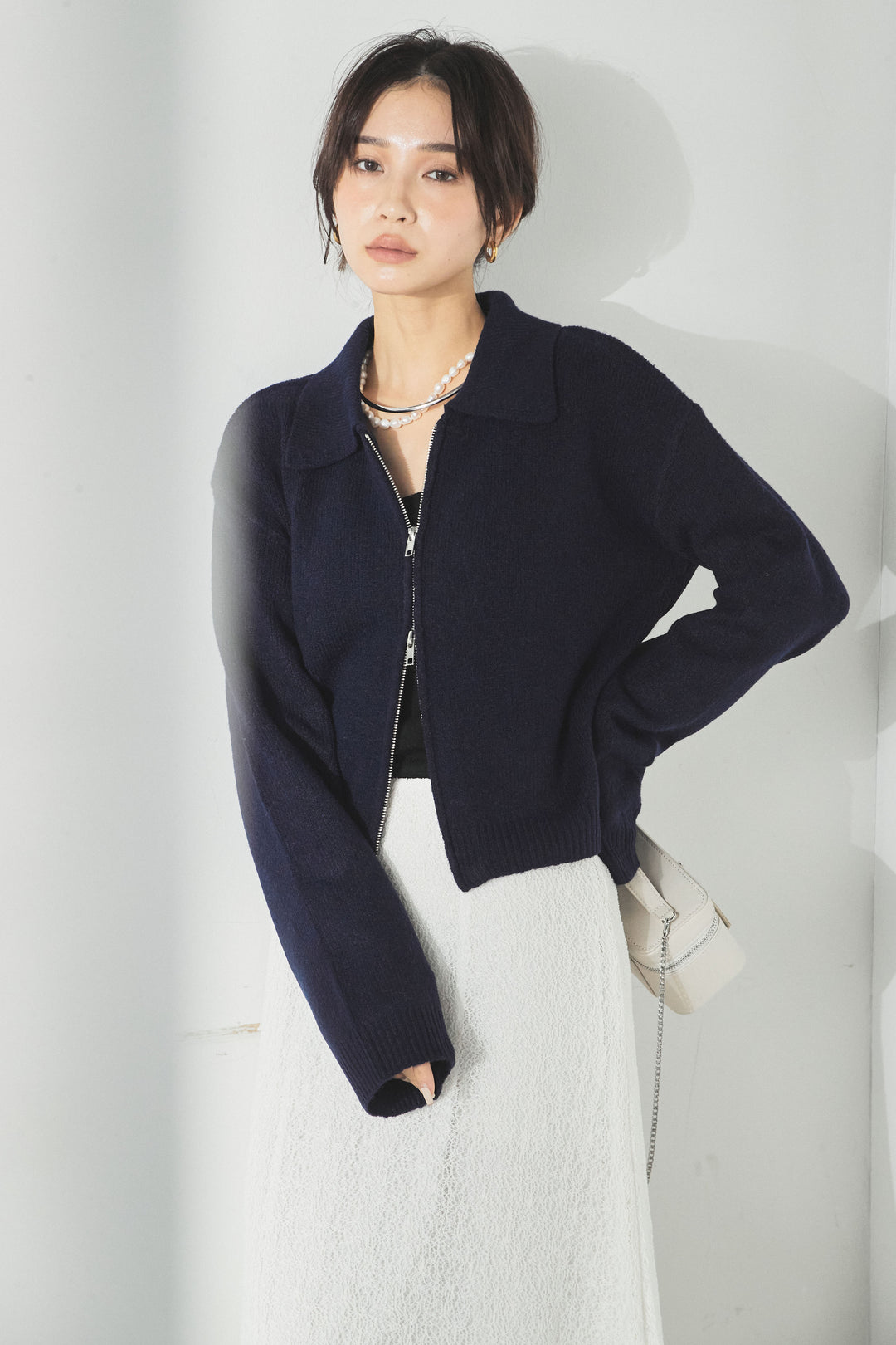 衿付きWジップニットカーディガン/ネイビー