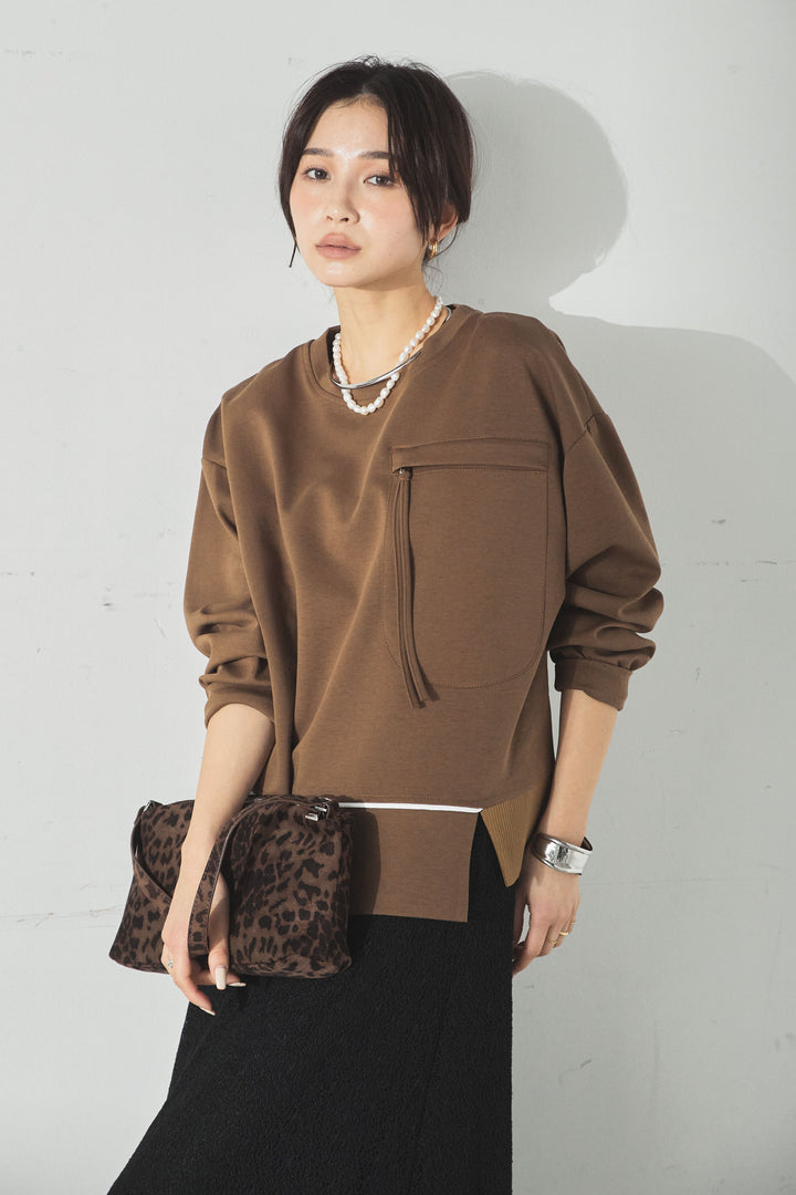 裾アシンメトリーポケットデザインプルオーバー/ブラウン