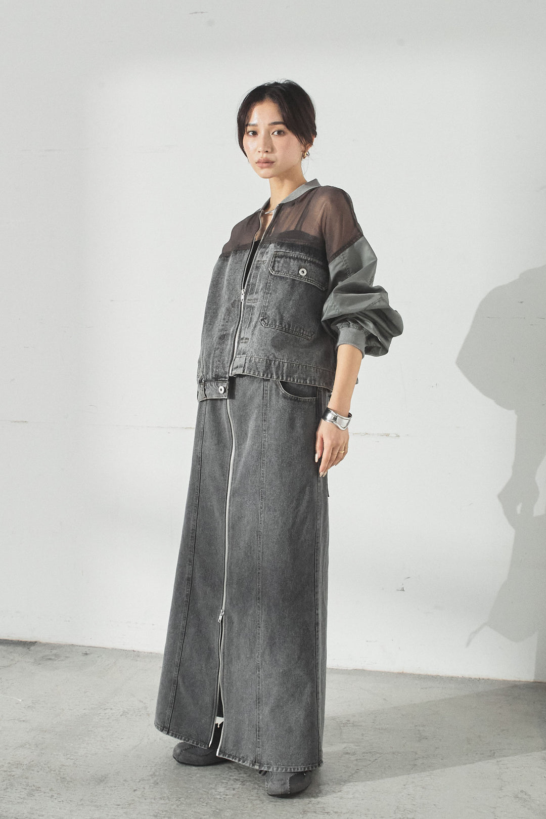 [SET]デニムコンビネーションブルゾン+フロントジップデニムスカート(2set)