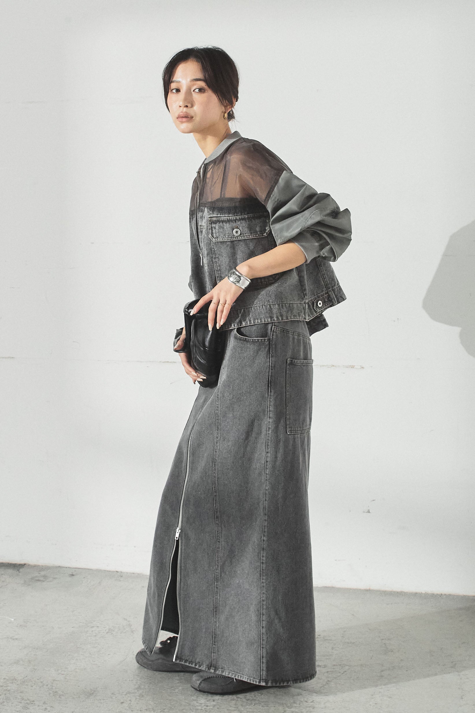 SET]デニムコンビネーションブルゾン+フロントジップデニムスカート