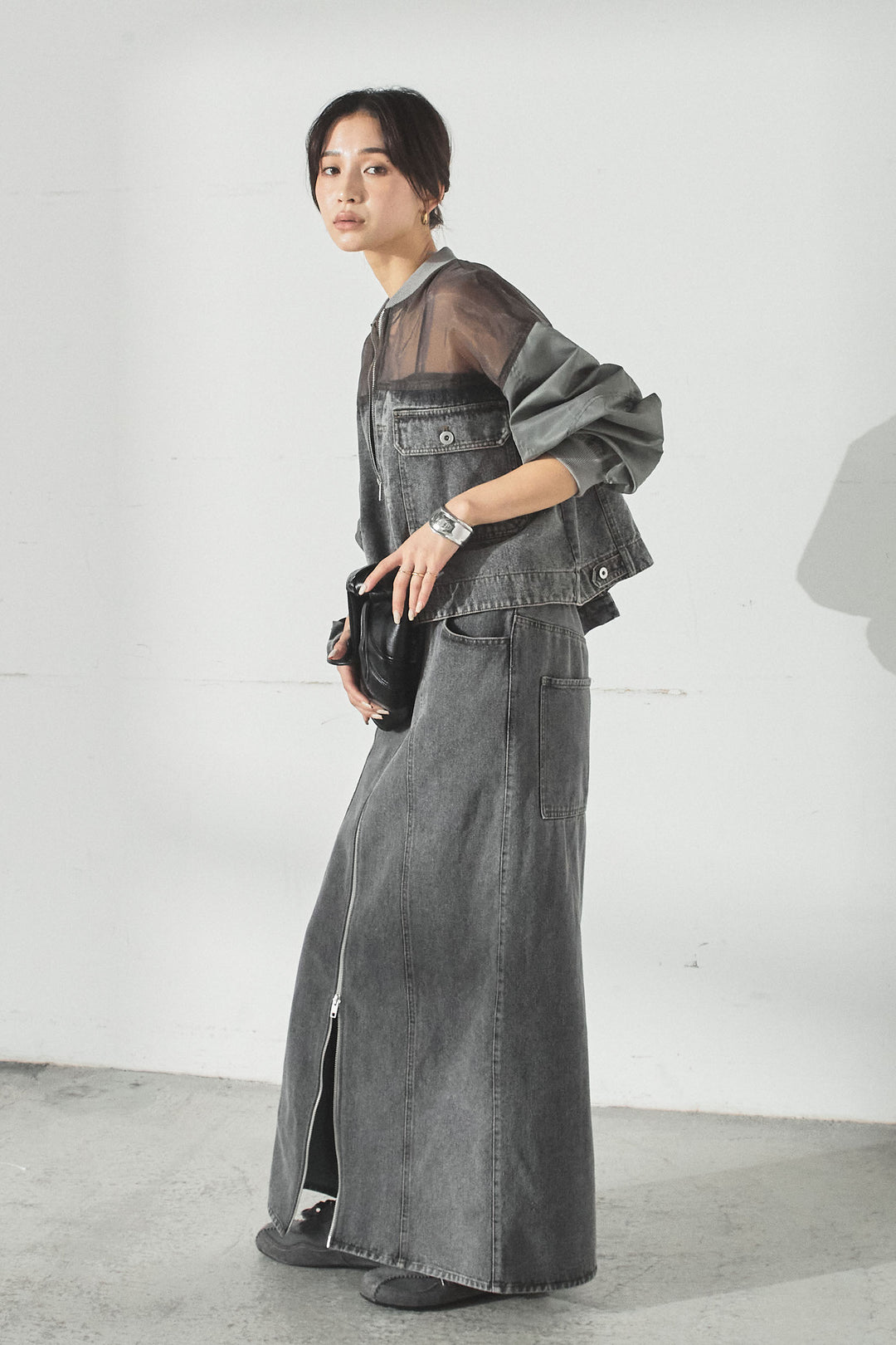 [SET]デニムコンビネーションブルゾン+フロントジップデニムスカート(2set)