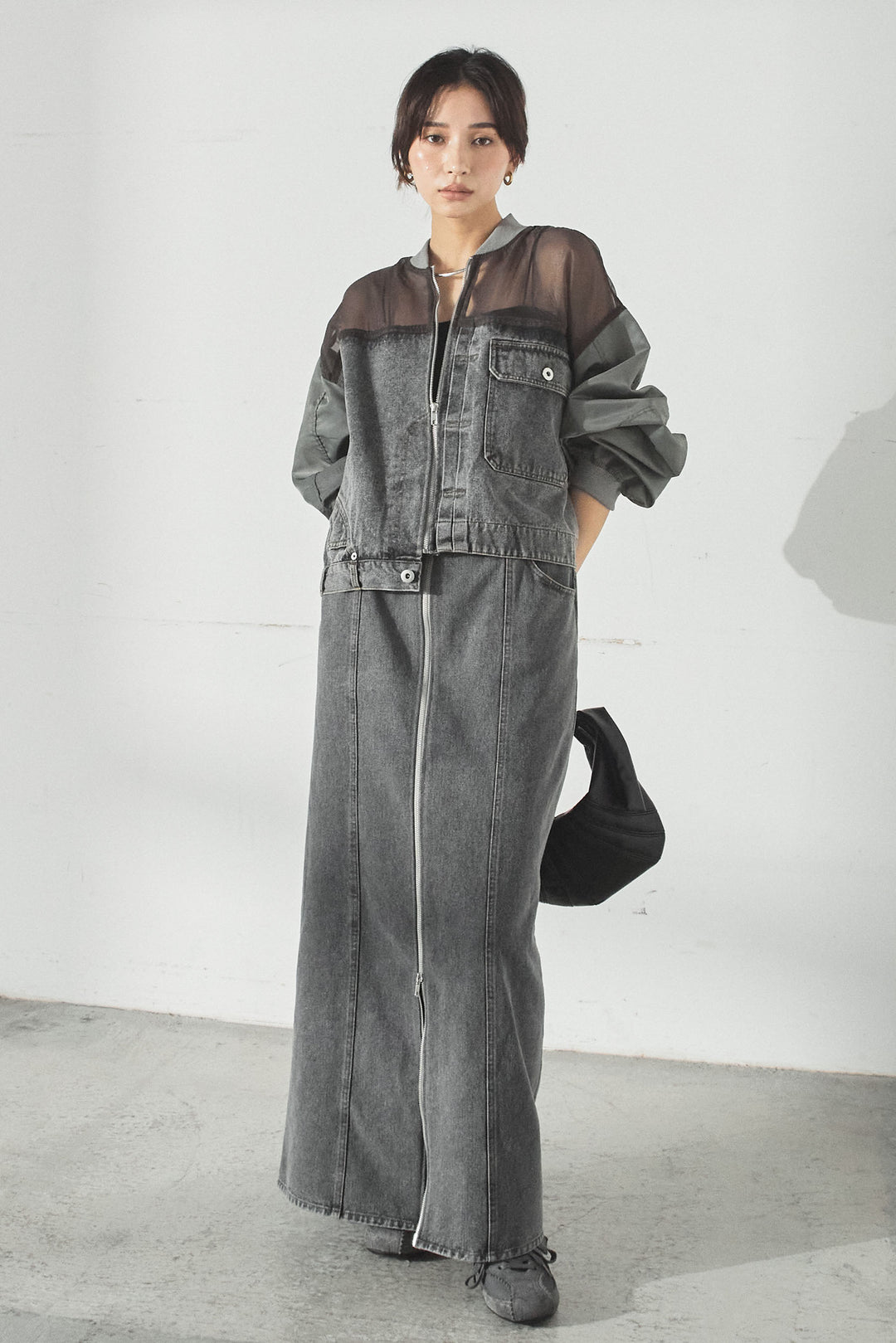 [SET]デニムコンビネーションブルゾン+フロントジップデニムスカート(2set)