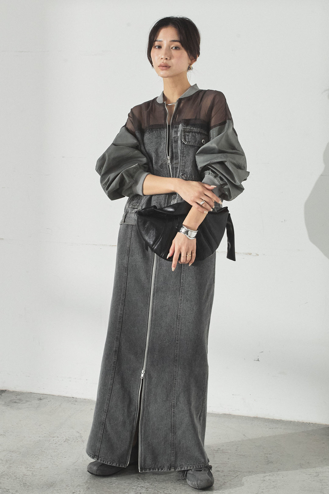 [SET]デニムコンビネーションブルゾン+フロントジップデニムスカート(2set)