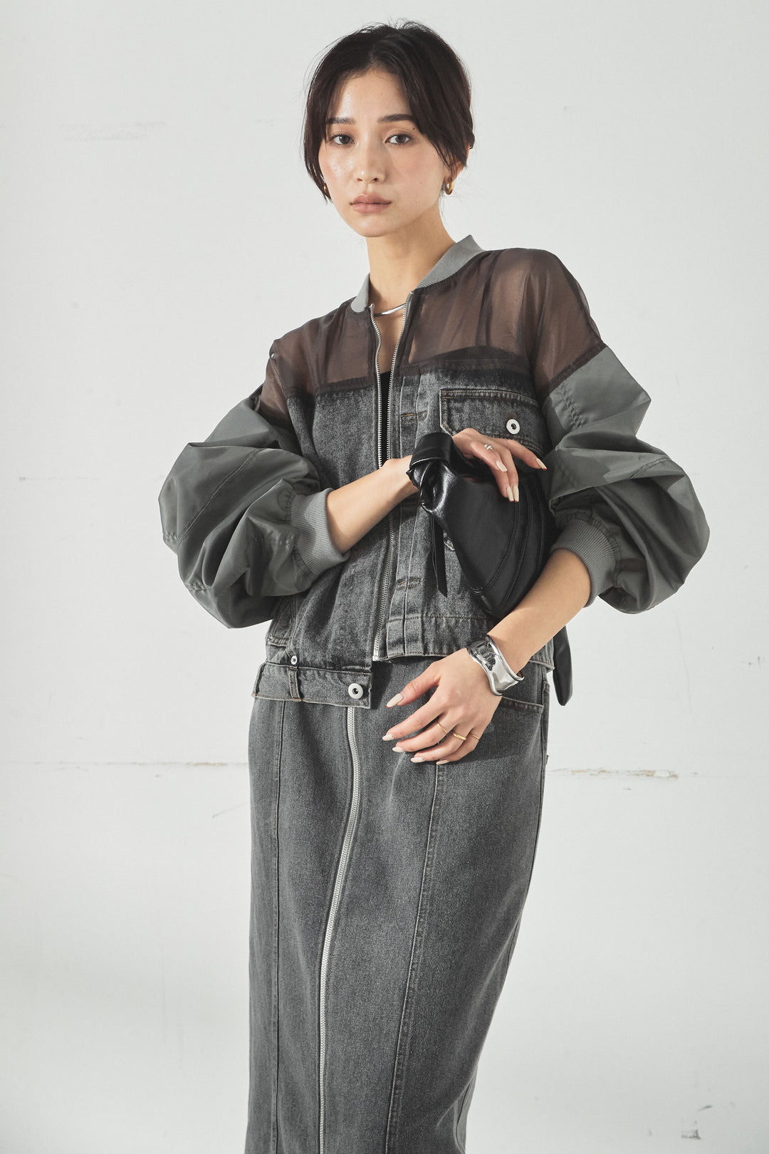 [SET]デニムコンビネーションブルゾン+フロントジップデニムスカート(2set)