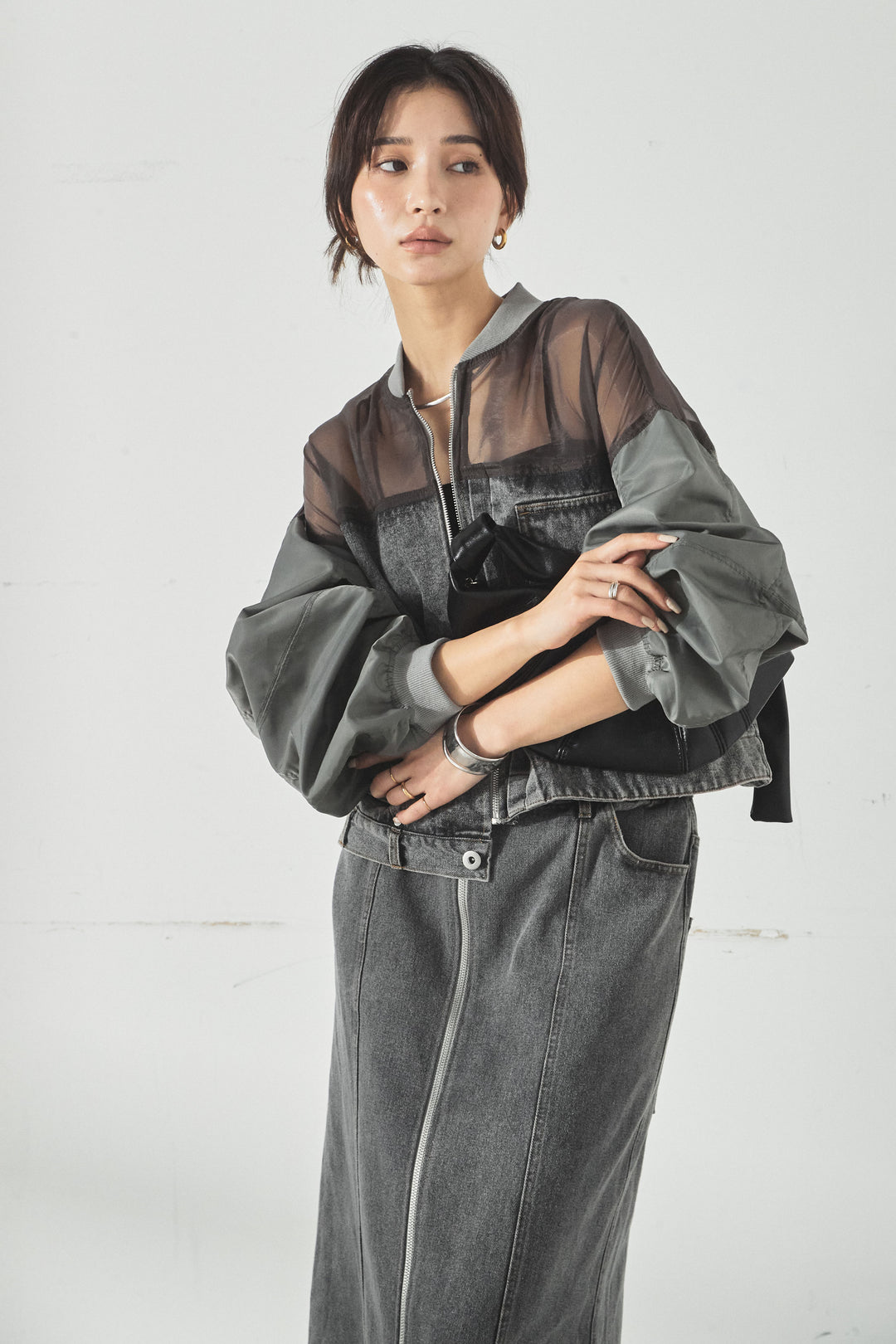 [SET]デニムコンビネーションブルゾン+フロントジップデニムスカート(2set)