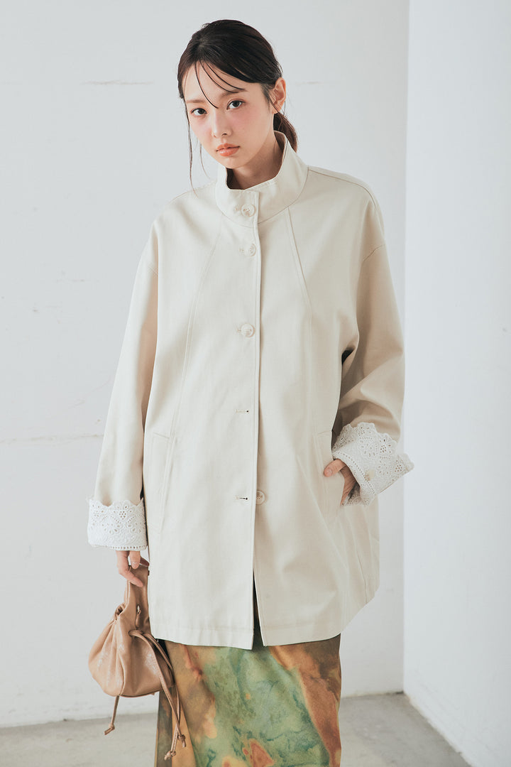 [SET]袖折り返しレースデザインアウター+ニュアンス柄サテンスカート(2set)