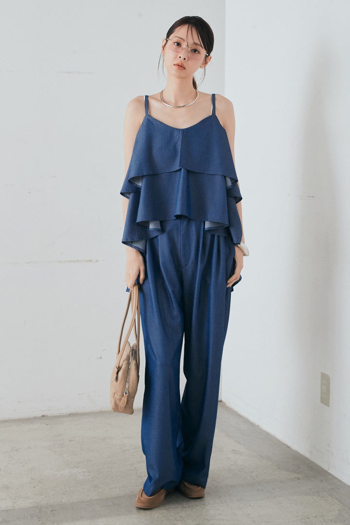 [SET]デニムライクツイルティアードキャミソール+デニムライクツイルタックパンツ(2set)