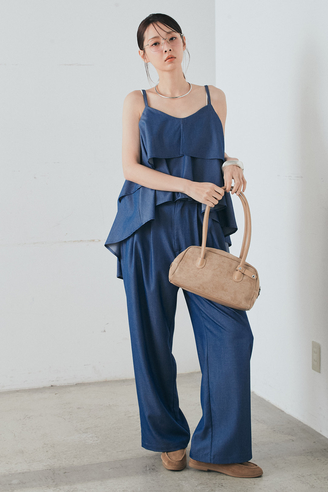 [SET]デニムライクツイルティアードキャミソール+デニムライクツイルタックパンツ(2set)