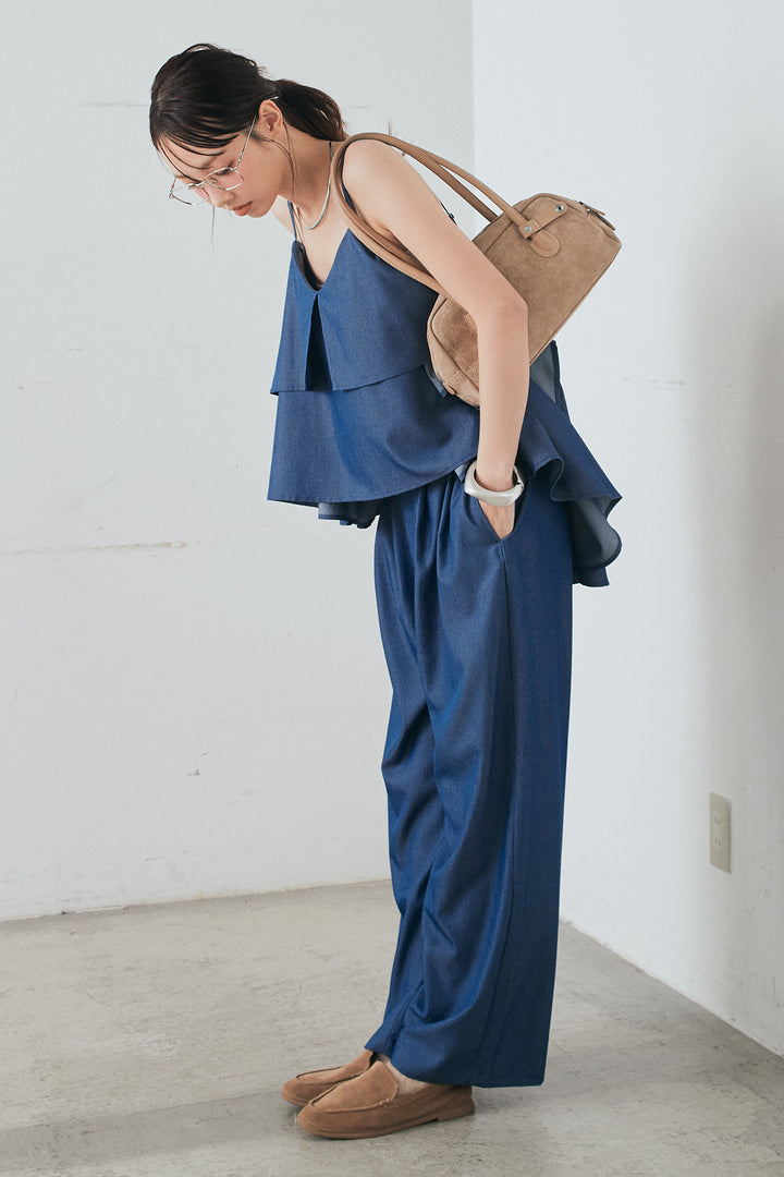 [SET]デニムライクツイルティアードキャミソール+デニムライクツイルタックパンツ(2set)