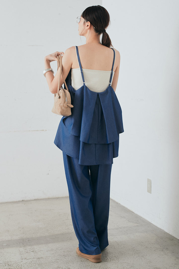 [SET]デニムライクツイルティアードキャミソール+デニムライクツイルタックパンツ(2set)