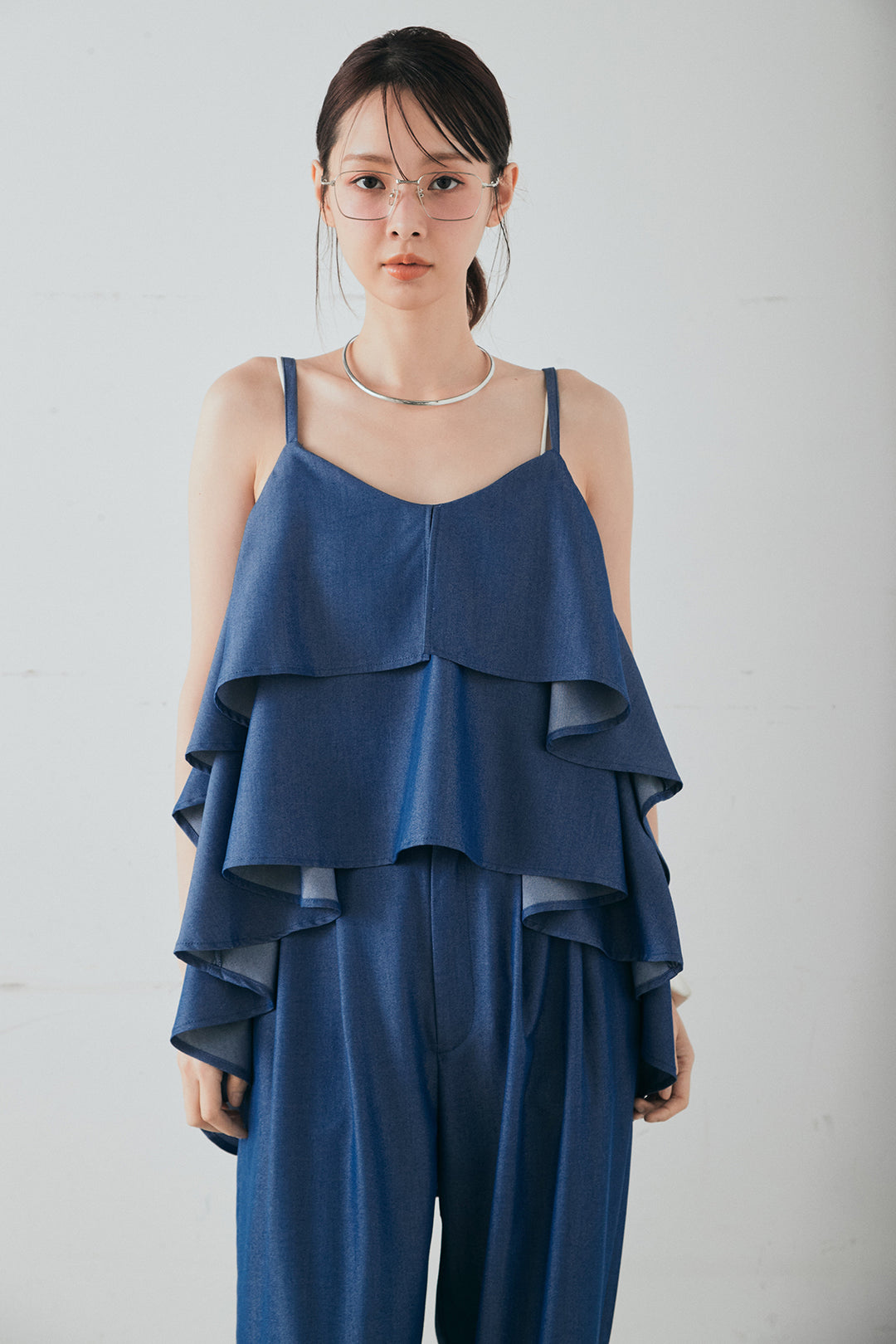 [SET]デニムライクツイルティアードキャミソール+デニムライクツイルタックパンツ(2set)