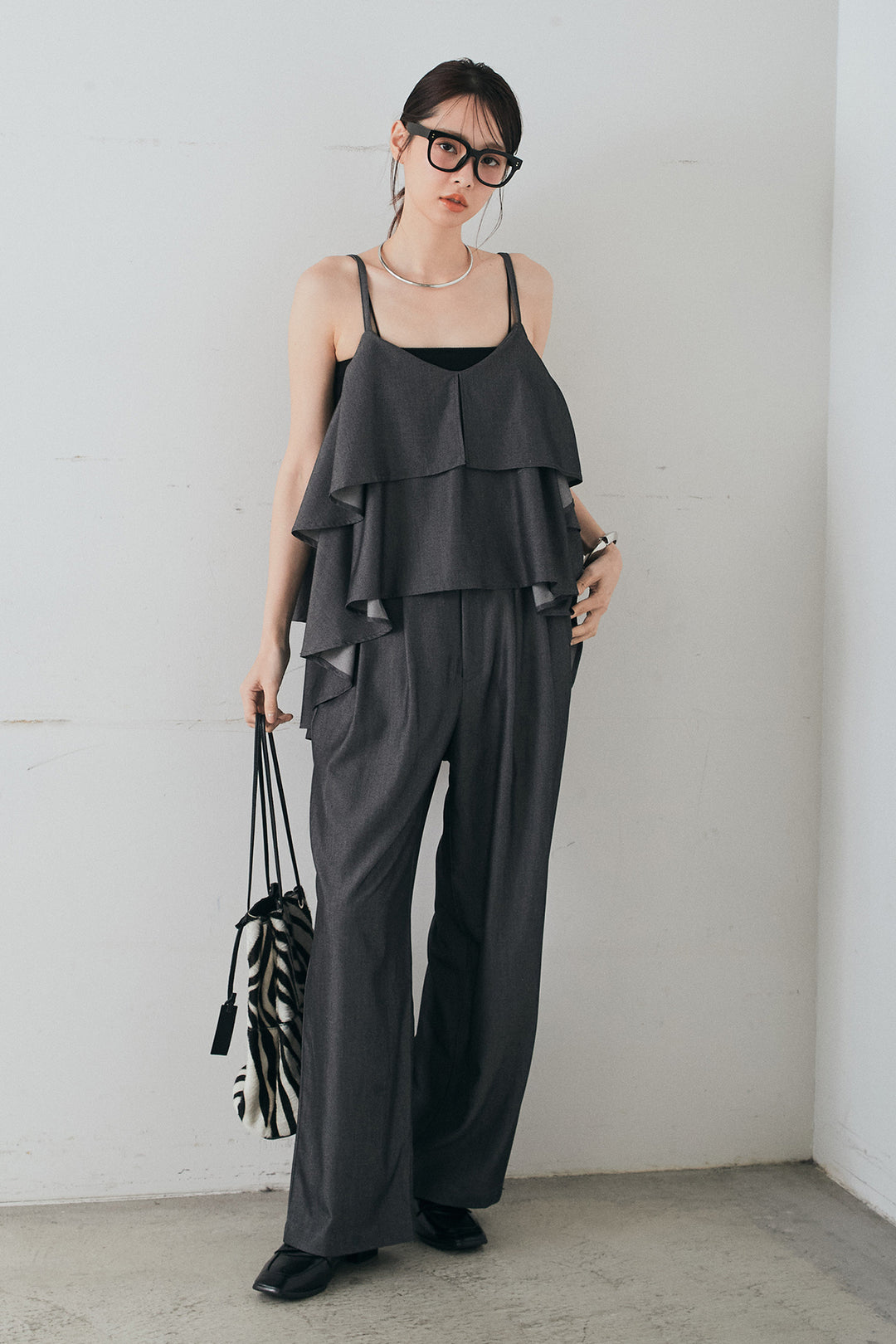 [SET]デニムライクツイルティアードキャミソール+デニムライクツイルタックパンツ(2set)