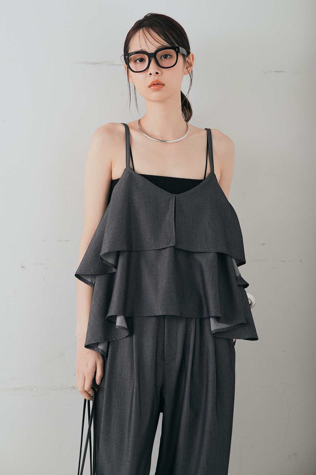 [SET]デニムライクツイルティアードキャミソール+デニムライクツイルタックパンツ(2set)