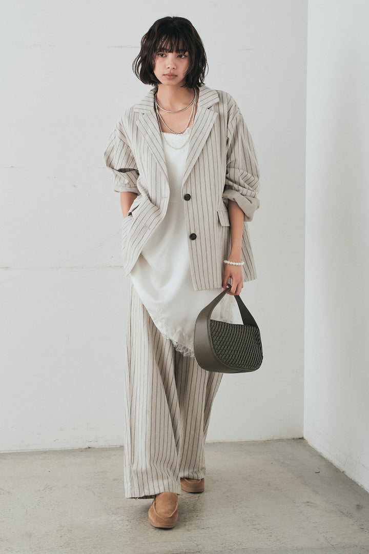 [SET]リネンライクストライプテーラードジャケット+リネンライクストライプタックイージーパンツ+サテンレースアシメキャミ(3set)