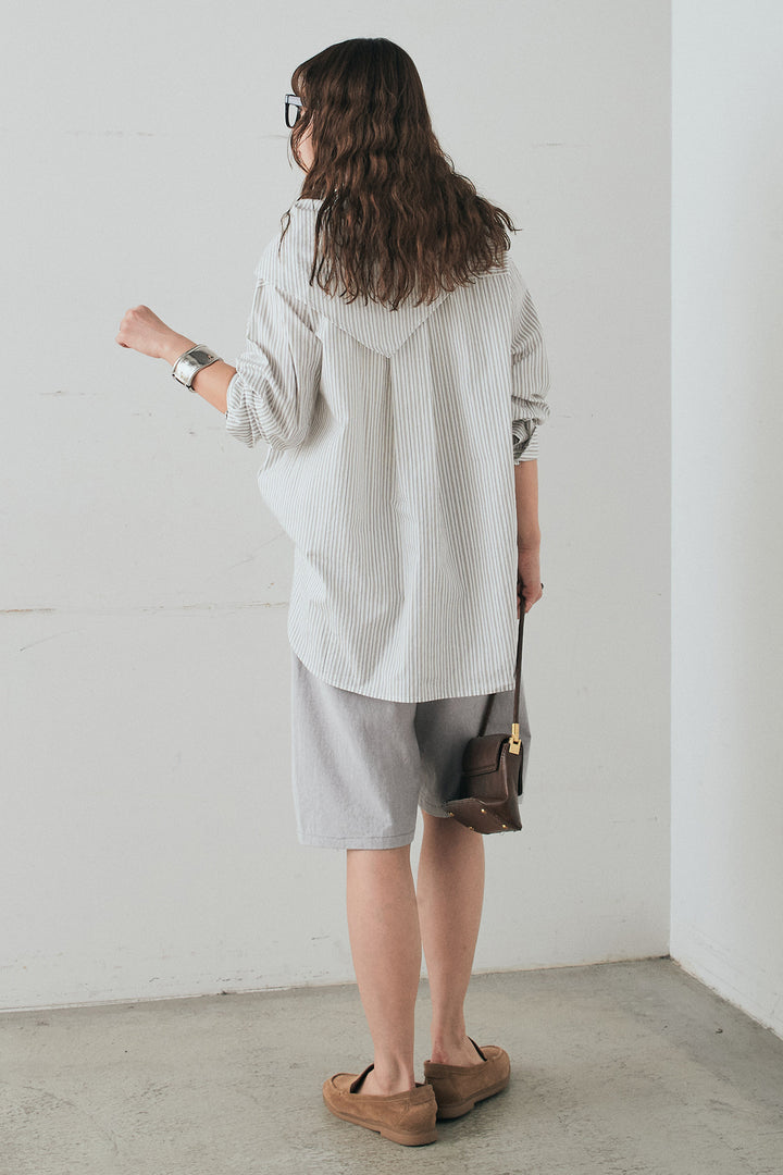 [SET]ランダムストライプスカーフ付きシャツ+デニムハーフパンツ(2set)