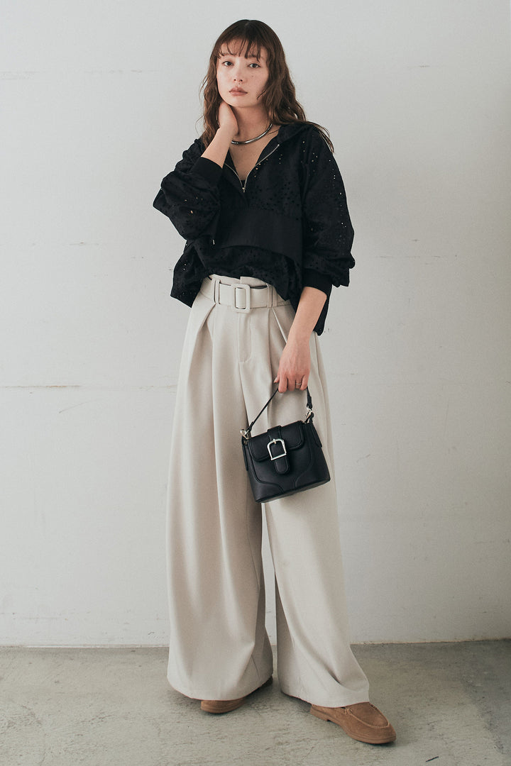 [SET]レースハーフジップアップフーディー+ベルト付きツータックワイドパンツ(2set)