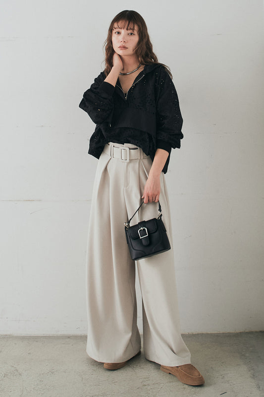 【着回しセット】[SET]ミックスメッシュキーネックプルオーバー+レースハーフジップアップフーディー +ベルト付きツータックワイドパンツ(3set)