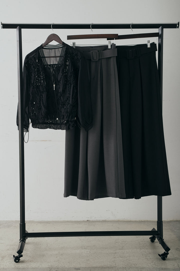 [SET]モチーフ付きシアーブルゾン+ベルト付きツータックワイドパンツ+ベルト付きツータックワイドパンツ(3set)