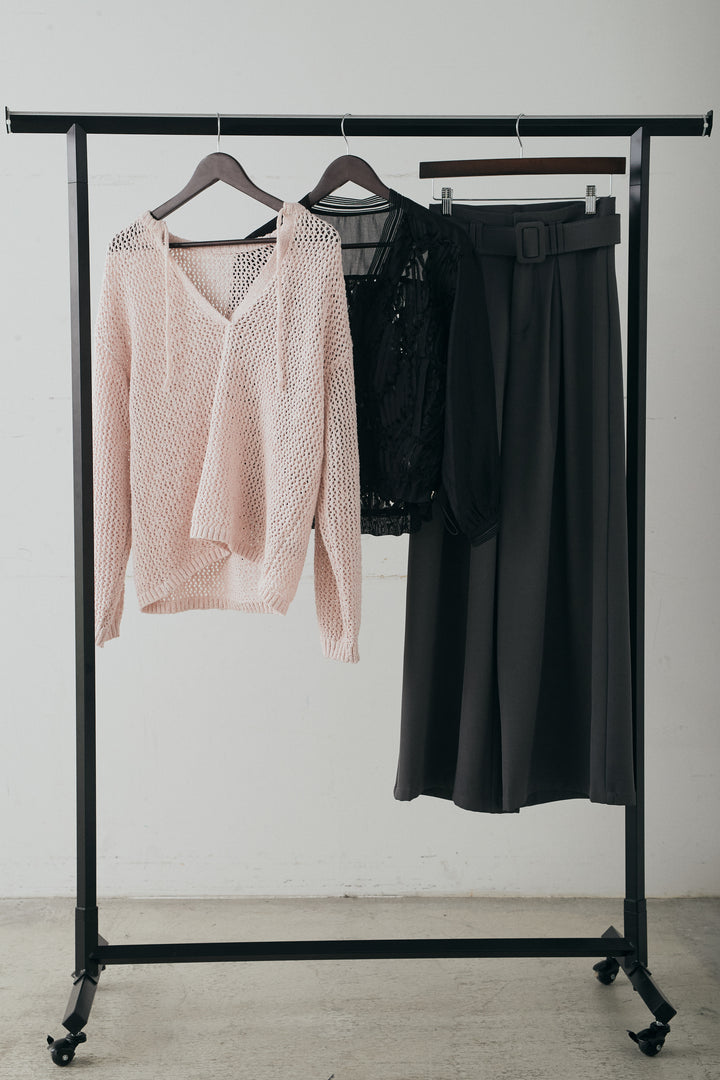 【着回しセット】[SET]ミックスメッシュキーネックプルオーバー+モチーフ付きシアーブルゾン+ベルト付きツータックワイドパンツ(3set)