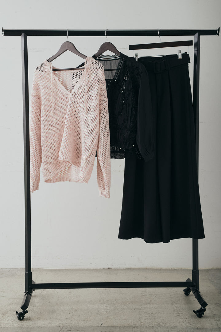 【着回しセット】[SET]ミックスメッシュキーネックプルオーバー+モチーフ付きシアーブルゾン+ベルト付きツータックワイドパンツ(3set)