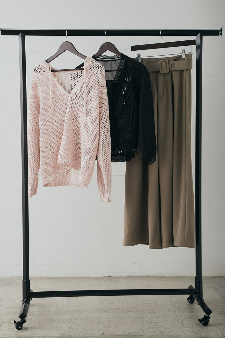 【着回しセット】[SET]ミックスメッシュキーネックプルオーバー+モチーフ付きシアーブルゾン+ベルト付きツータックワイドパンツ(3set)