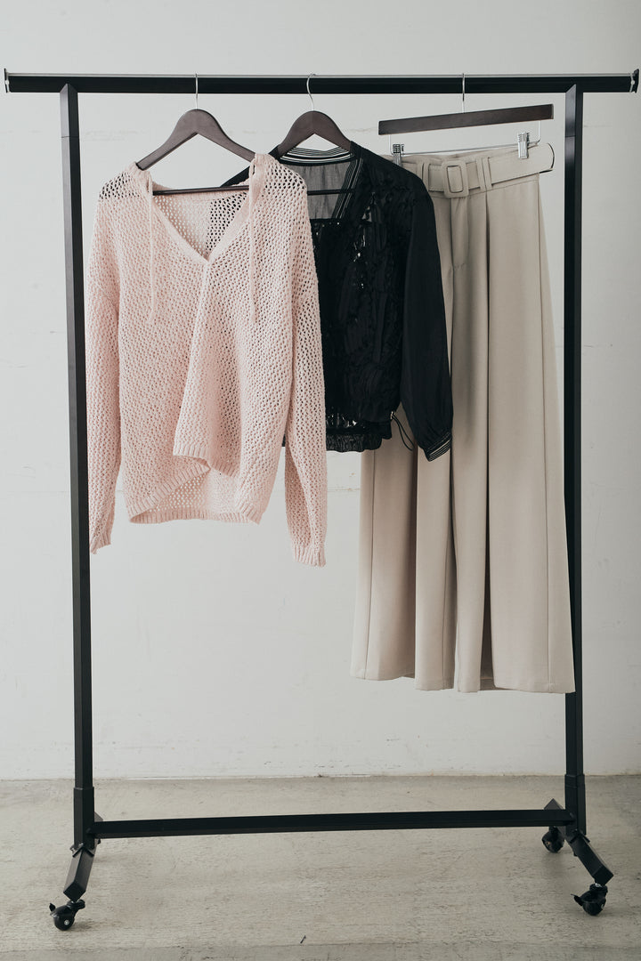 【着回しセット】[SET]ミックスメッシュキーネックプルオーバー+モチーフ付きシアーブルゾン+ベルト付きツータックワイドパンツ(3set)