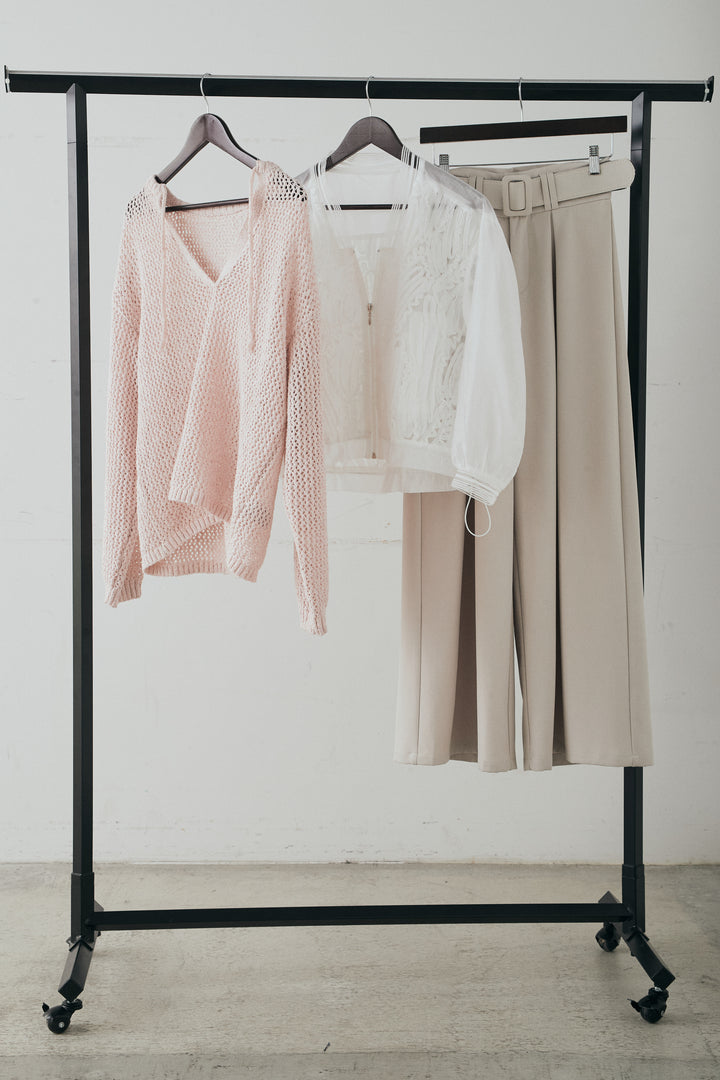 【着回しセット】[SET]ミックスメッシュキーネックプルオーバー+モチーフ付きシアーブルゾン+ベルト付きツータックワイドパンツ(3set)